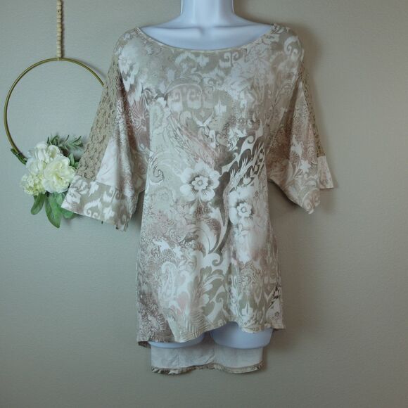 Chico's Floral Paisley Lace Detail 1/2 Sleeve Top Size 2 - Picture 2 of 10